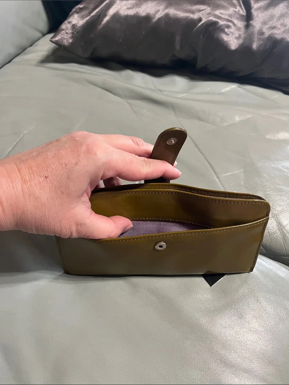 HOBO International Olive Green Patent Leather Zip Wallet